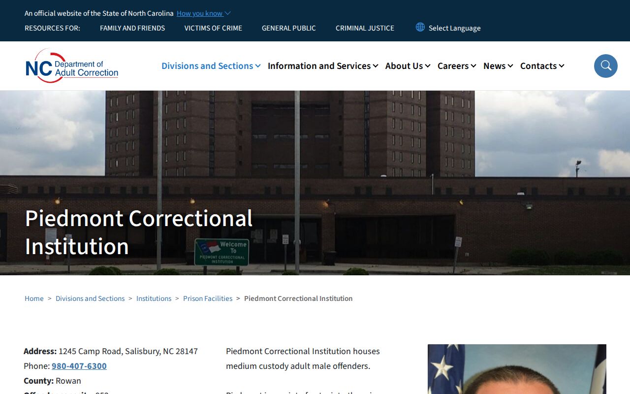 Piedmont Correctional Institution offender release and diagnostic facility source